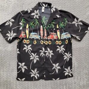 India Boutique Men’s Size Large Hawaiian Shirt Palms Woody Cars Surfboards Black